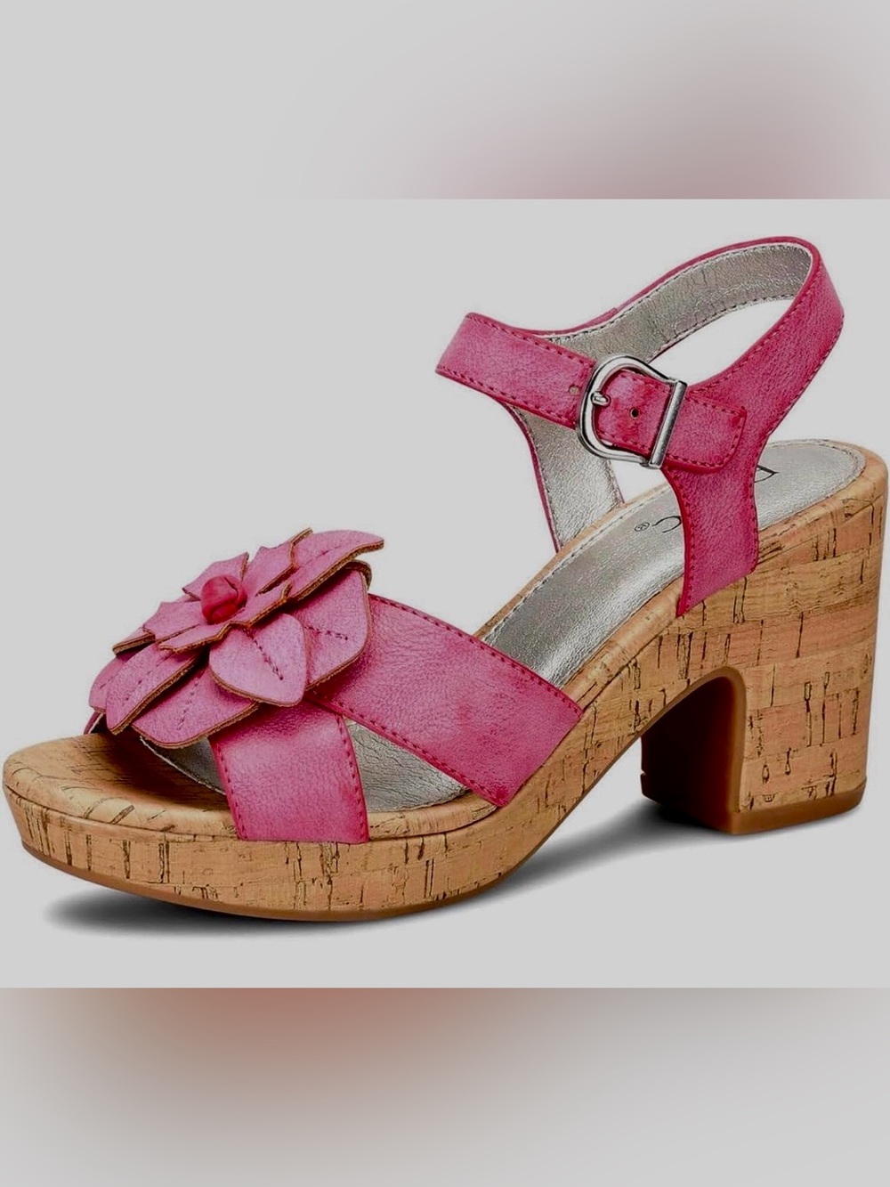 b.o.c. Ladies Devora Platform Sandals Pink Flower Faux Cork Heel Size 8 EU